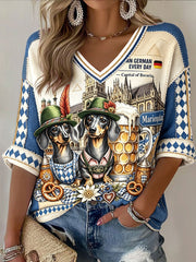 Frauen-T-Shirt im deutschen Oktoberfest-Stil mit niedlichem Hunde-Patchwork-Print und lässigem V-Ausschnitt