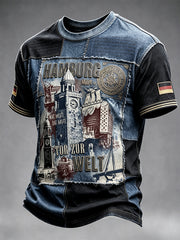 Herren-Vintage-Patchwork-Casual-T-Shirt mit deutschem Hamburg-Architektur-Print