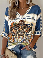 Damen-Oktoberfest-T-Shirt im bayerischen Stil mit Hunde-Patchwork-Print und V-Ausschnitt, lässig geschnitten