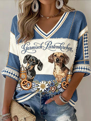 Damen-Oktoberfest-T-Shirt aus Deutschland mit Patchwork-Print und V-Ausschnitt, lässig geschnitten