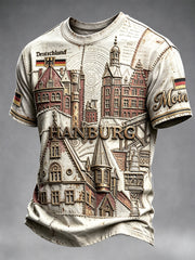 Herren-Vintage-T-Shirt in Weiß mit deutschem Hamburger Architektur-Print, lässig geschnitten