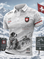 Herren-Poloshirt in Vintage-Optik mit kurzen Ärmeln und alpinem, militärinspiriertem Print