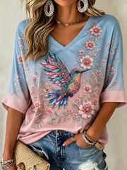 Damen-T-Shirt zum Brustkrebsbewusstsein mit Blüten- und Kolibri-Print, mittellange Ärmel, V-Ausschnitt