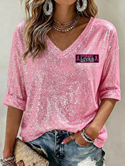 Damen-T-Shirt zum Brustkrebsbewusstseinsmonat mit rosa Schleife, mittellangen Ärmeln und V-Ausschnitt