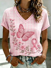 Damen-T-Shirt mit Brustkrebs-Prävention, rosa Blumenprint und V-Ausschnitt