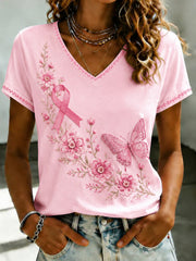 Damen-T-Shirt mit Brustkrebs-Prävention, rosa Blumenprint und V-Ausschnitt