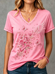 Damen-T-Shirt in Pink mit Blumenmuster zur Unterstützung der Brustkrebsaufklärung und V-Ausschnitt