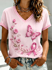 Damen-T-Shirt mit Brustkrebs-Prävention, rosa Blumenprint und V-Ausschnitt