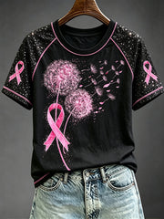 Damen-T-Shirt mit Rundhalsausschnitt und kurzen Ärmeln, Motiv Löwenzahn, rosa Band zur Aufklärung
