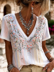 Damen-T-Shirt mit Brustkrebs-Blumenmuster und V-Ausschnitt