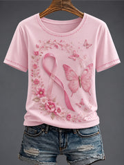 Damen-T-Shirt mit Brustkrebs- und rosa Blumenmuster