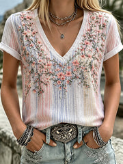 Damen-T-Shirt mit Brustkrebs-Blumenprint und V-Ausschnitt, lässig