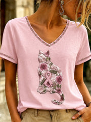 Damen-T-Shirt mit V-Ausschnitt und pinkfarbenem Kunstdruck zum Thema Brustkrebs