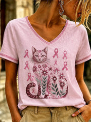 Damen-T-Shirt mit V-Ausschnitt und pinkfarbenem Kunstdruck zum Thema Brustkrebs