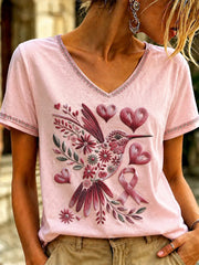 Damen-T-Shirt mit V-Ausschnitt und pinkfarbenem Kunstdruck zum Thema Brustkrebs