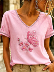 Damen-T-Shirt mit V-Ausschnitt und pinkfarbenem Kunstdruck zum Thema Brustkrebs
