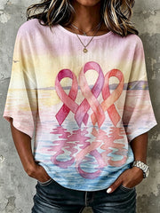 Frauen Elegantes rosa Band Bewusstsein Aquarell Kunstdruck Leinen Mittelarm-T-Shirt