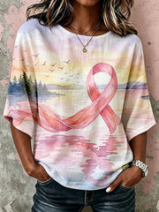 Damen Vintage Pink Ribbon Awareness Aquarell Kunstdruck Leinen T-Shirt mit mittleren Ärmeln
