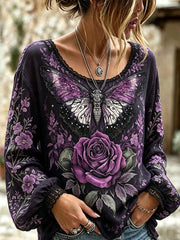 Damen-Butterfly-Shirt aus Baumwolle und Leinen mit Blumenmuster bedruckt