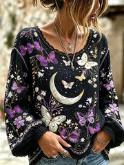 Damen-Bluse aus Baumwoll-Leinen mit Schmetterlings- und Blumenmuster