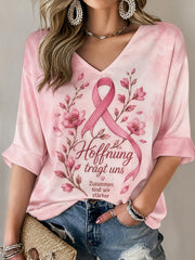 Damen-T-Shirt zum Brustkrebsbewusstsein mit Print, mittellangen Ärmeln und V-Ausschnitt