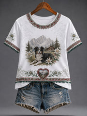Frauen-T-Shirt im österreichischen Landhausstil mit Kunstdruck, lässig geschnitten