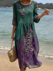 Elegantes Damenkleid aus Baumwolle und Leinen mit Blumenmuster