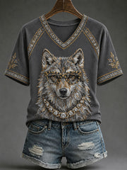 Frauen Western Glam Wolf Print Casual T-Shirt