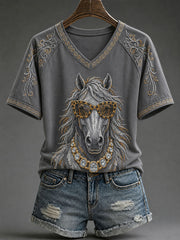 Frauen Glam Horse Print Casual T-Shirt