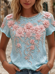 Retro-Blumenkunstdruck lässiges Baumwoll-Leinen-Bequem-Top