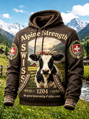 Herren Braun Schweizer Alpen Rinder druck Casual Kapuzen Sweatshirt