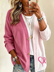 Damen-Strickjacke mit Blumenmuster zum Thema Brustkrebsprävention, lässiger Stil