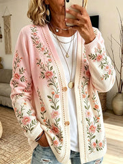Damen-Strickjacke mit Blumenmuster zum Thema Brustkrebsprävention, lässiger Stil
