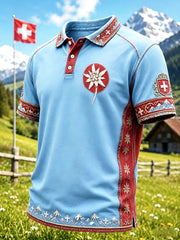 Herren-Poloshirt in Blau mit floralem Schweizer Nationaltag-Print, lässig geschnitten