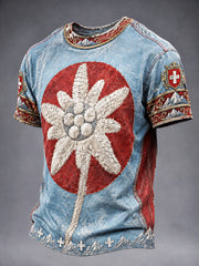Herrenblaues, vintage-geprägtes Freizeit-T-Shirt mit Schweizer Nationaltag und Blumenmuster