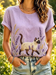 Damen-Kurzarm-T-Shirt aus Leinen mit süßem Katzen-und Lavendel druck