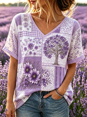 Frauen-Alzheimer-Sensi bilisierung Patchwork-Kunstdruck-Leinen-Kurzarm-T-Shirt