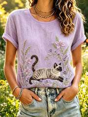 Damen-T-Shirt mit siamesischem Katzen-und Lavendel druck aus Leinen mit kurzen Ärmeln