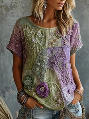 Damen-Vintage-T-Shirt mit lila Blumen-Patchwork-Print aus Leinen mit kurzen Ärmeln