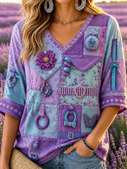 Frauen Lila Patchwork Muster Druck Alzheimer Awareness Unterstützung Mittellange Ärmel V-Ausschnitt T-Shirt