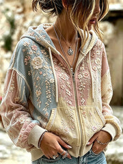 Damen Edles Blumen-und Spitzen-Patchwork-Print mit Reiß verschluss Gemütlicher Hoodie