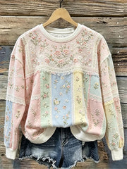 Damen Vintage Blumen und Spitze Patchwork Print bequemes Sweatshirt