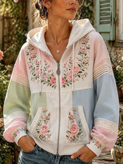 Damen rosa Rose und Spitze Farb block Patchwork Print Zip-Up Gemütlicher Hoodie