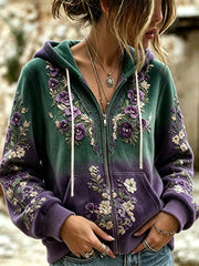 Damen Vintage Boho Pansy Print Steigung mit Reiß verschluss, bequemer Kapuzen pullover
