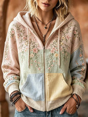 Damen Edles Blumen-und Spitzen-Patchwork-Print mit Reiß verschluss Gemütlicher Hoodie