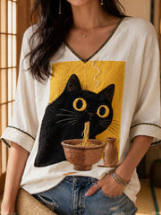 Damen-T-Shirt aus Leinen mit japanischer Katzen-Ramen-Kunst-Print