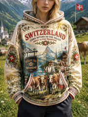 Damen Vintage Schweizer Alpen Rinder kehren zu den Bergsteigen zurück Festival Print Casual Kapuzen Sweatshirt