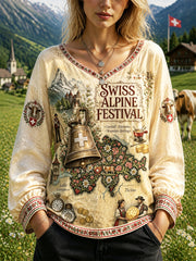 Frauen Schweizer Alpen Rinder Rückkehr zu den Bergsteigen Festival Print Casual Baumwoll-Leinen T-Shirt mit V-Ausschnitt