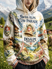 Frauen Schweizer Alpen Rinder Rückkehr zum Bergsteigen Festival Print Casual Kapuzen Sweatshirt
