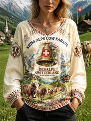 Damen Vintage Schweizer Alpen "Cowherds Rückkehr von den Bergsteigen" Print Baumwoll-Leinen V-Ausschnitt T-Shirt